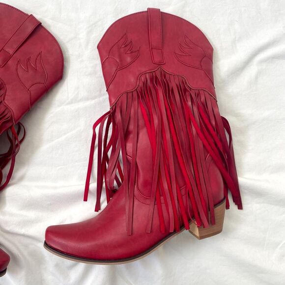 NEW Western Burgundy Red Faux Leather Fringe Mid Calf Cowboy Boots US 8.5 - Picture 2 of 8